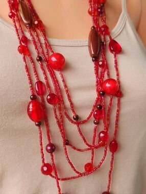 Multi Strand Mix Red Brown Beads Necklace Seed Beads Beaded 32" Long